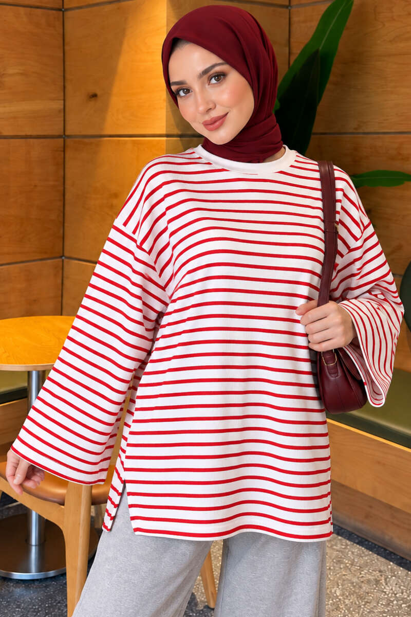 Striped Crew-Neck Tunic with Slits - Red