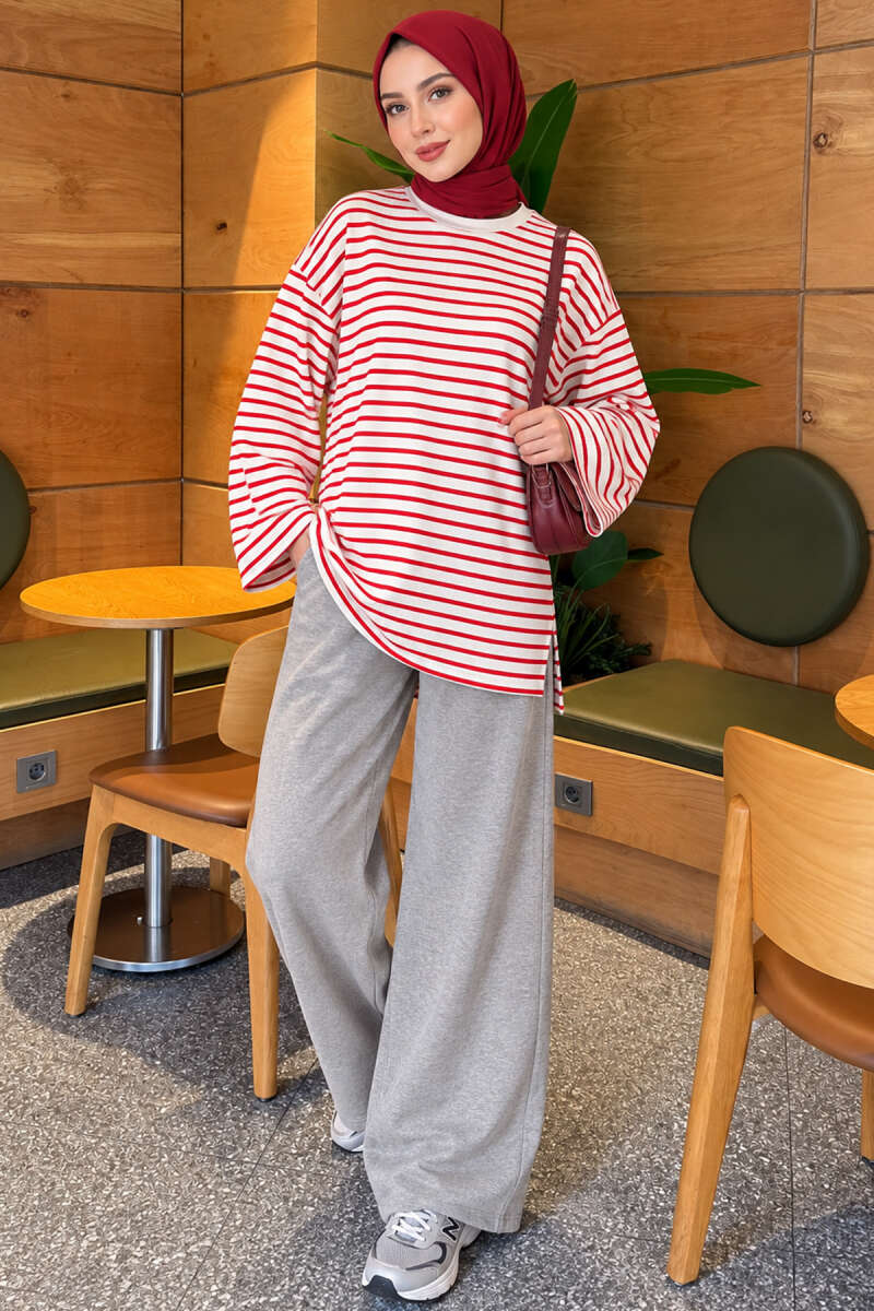 Striped Crew-Neck Tunic with Slits - Red