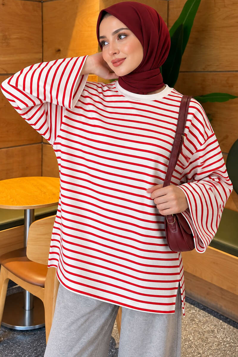 Striped Crew-Neck Tunic with Slits - Red