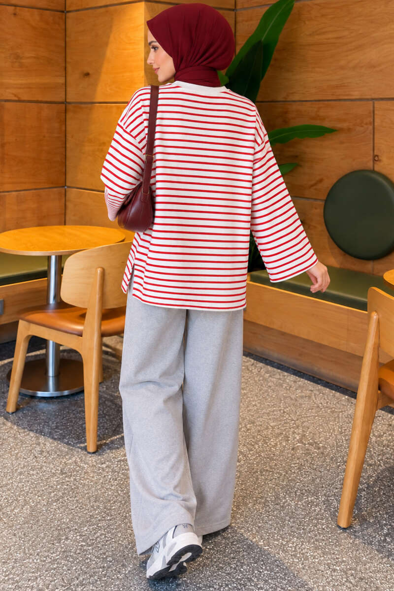 Striped Crew-Neck Tunic with Slits - Red