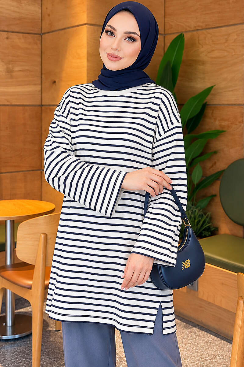 Striped Crew-Neck Tunic with Slits - Navy