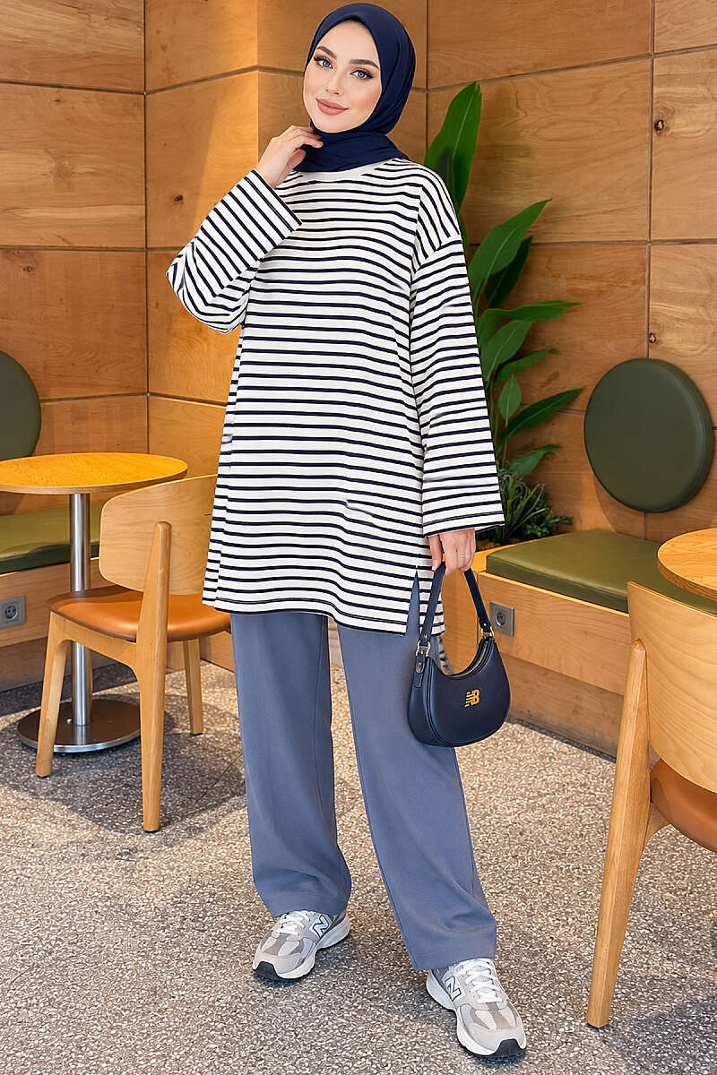 Striped Crew-Neck Tunic with Slits - Navy