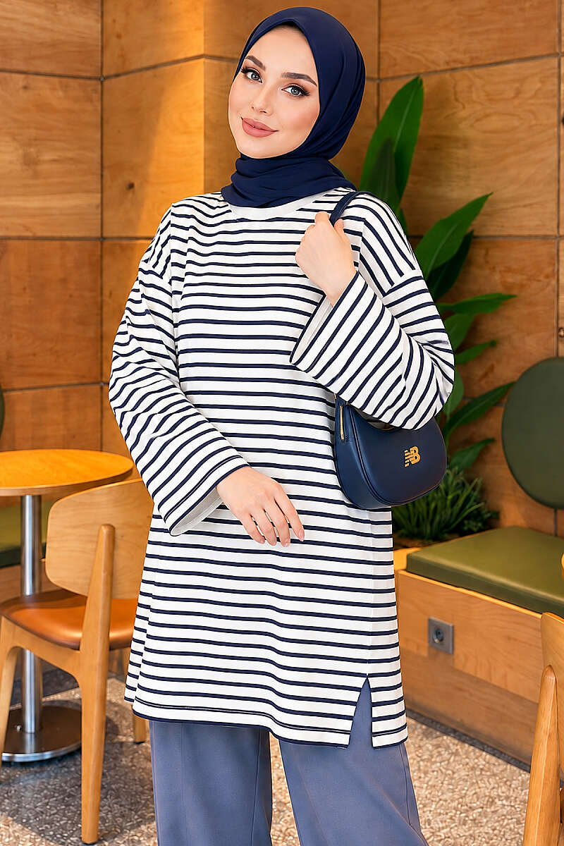 Striped Crew-Neck Tunic with Slits - Navy
