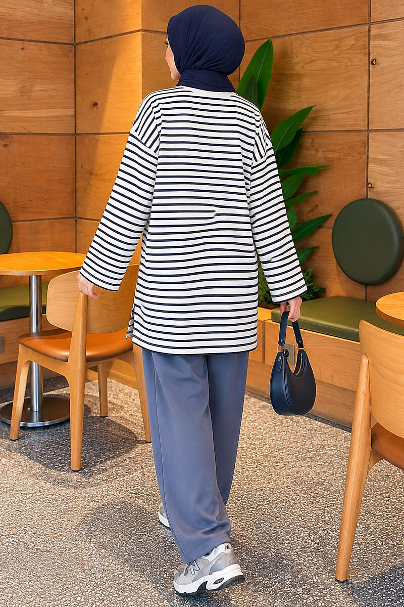 Striped Crew-Neck Tunic with Slits - Navy