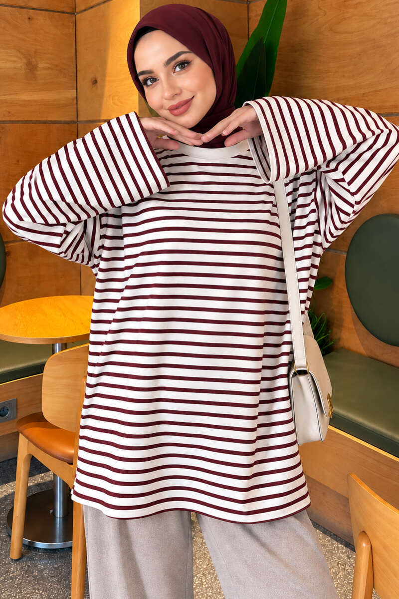 Striped Crew-Neck Tunic with Slits - Plum