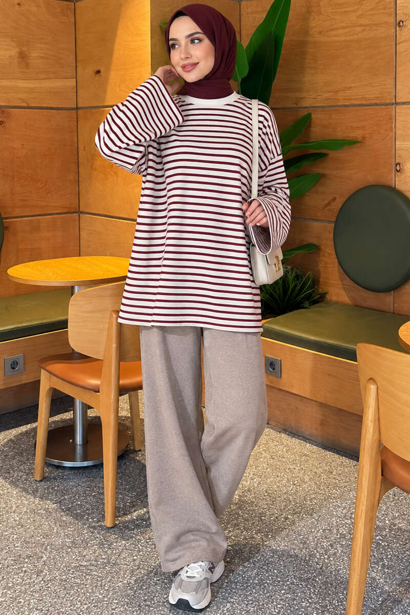 Striped Crew-Neck Tunic with Slits - Plum