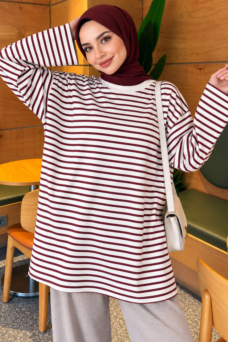 Striped Crew-Neck Tunic with Slits - Plum