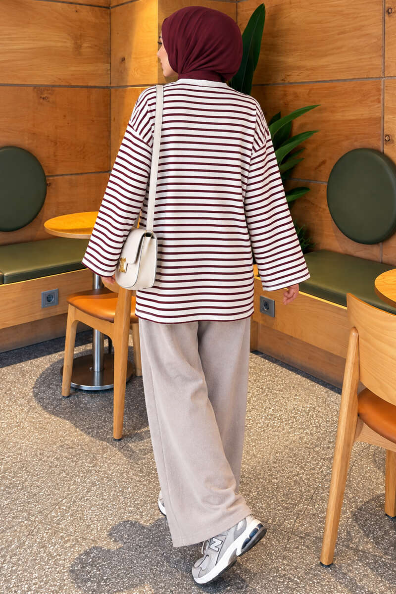 Striped Crew-Neck Tunic with Slits - Plum