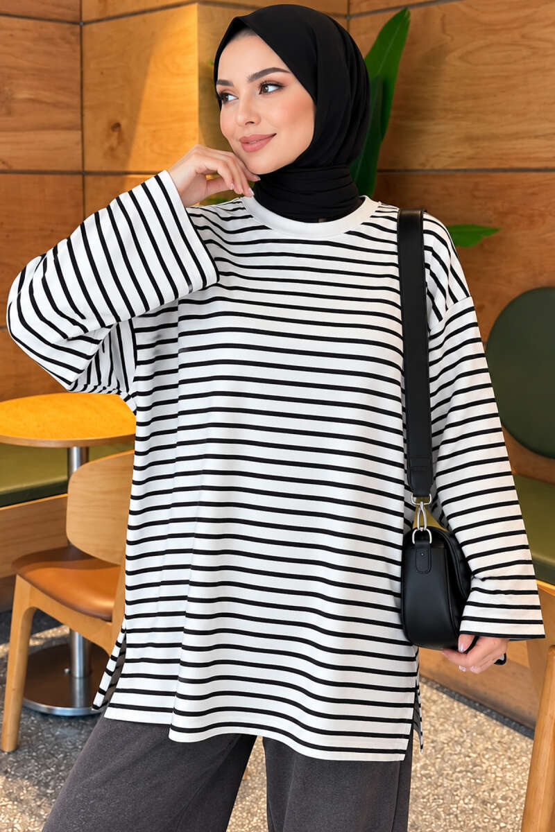 Striped Crew-Neck Tunic with Slits - Black
