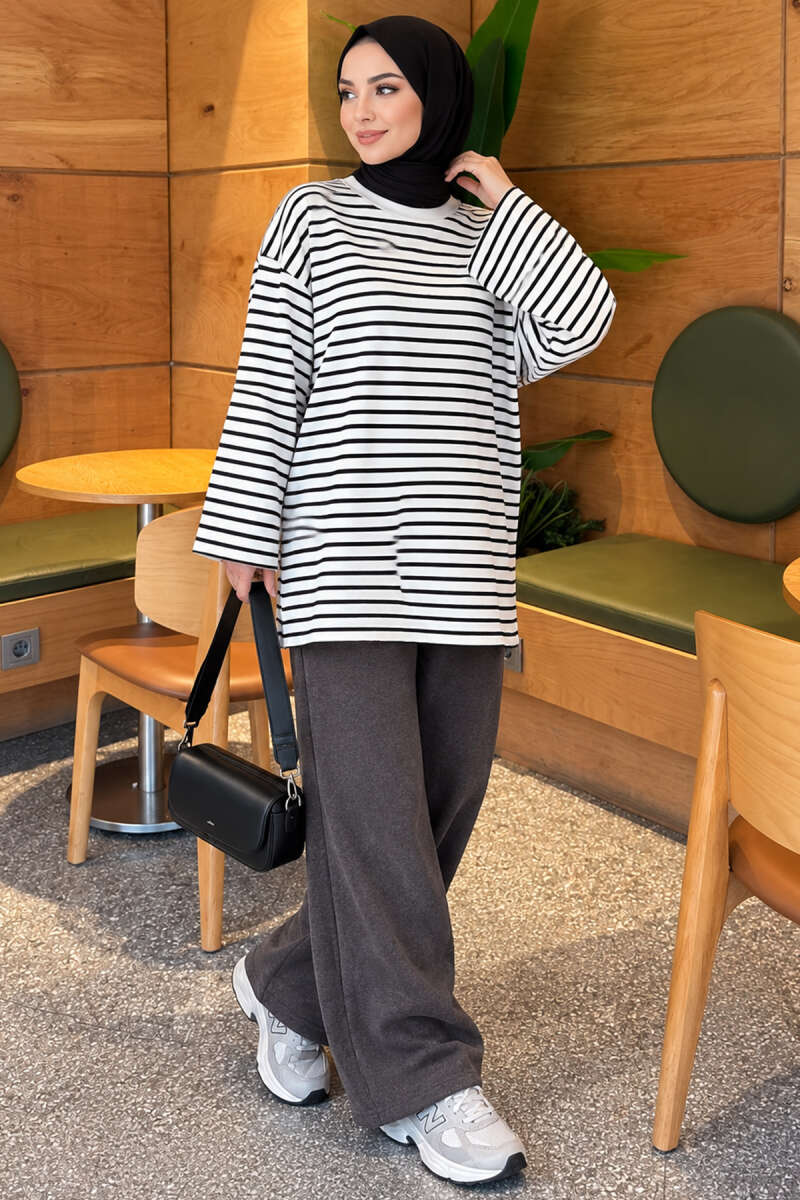 Striped Crew-Neck Tunic with Slits - Black