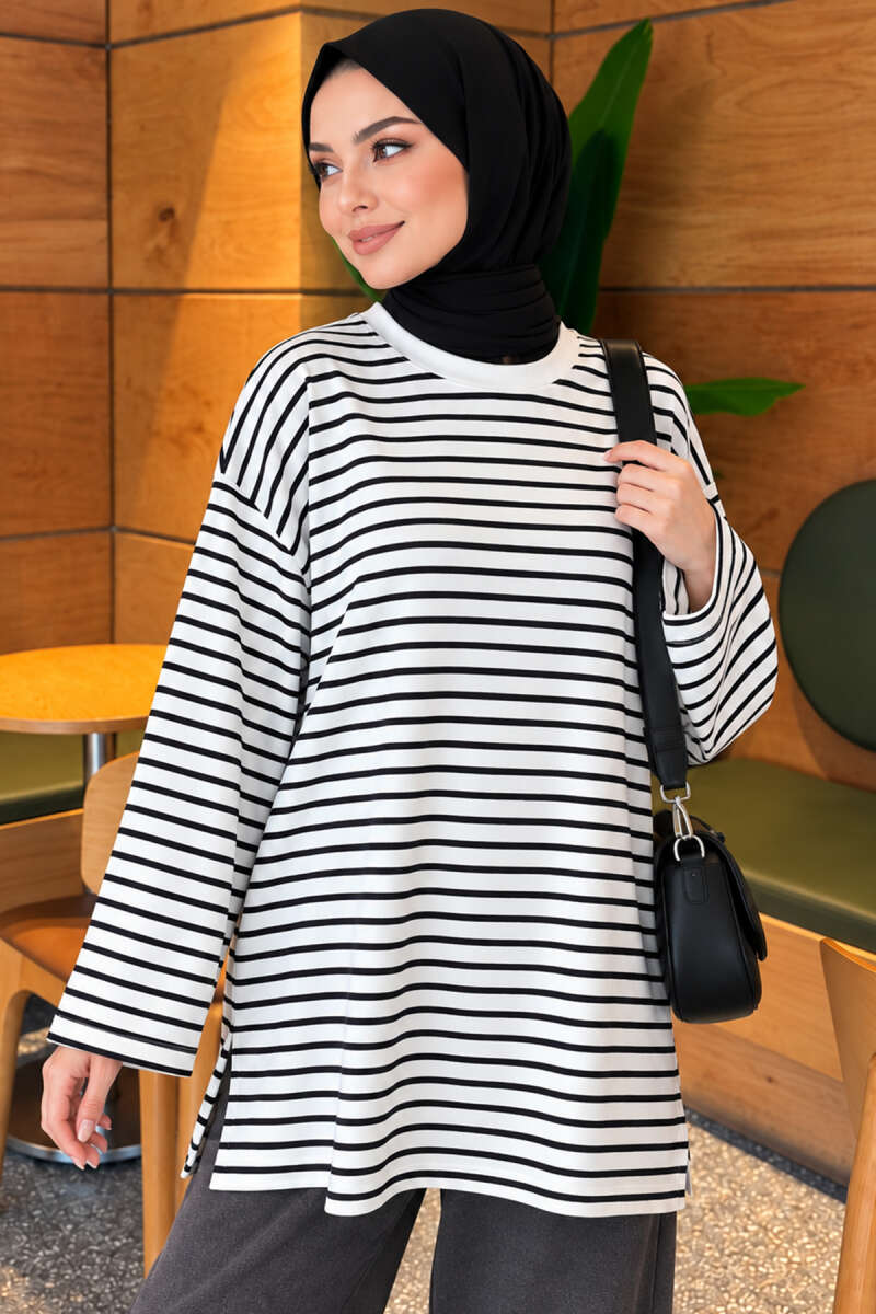 Striped Crew-Neck Tunic with Slits - Black