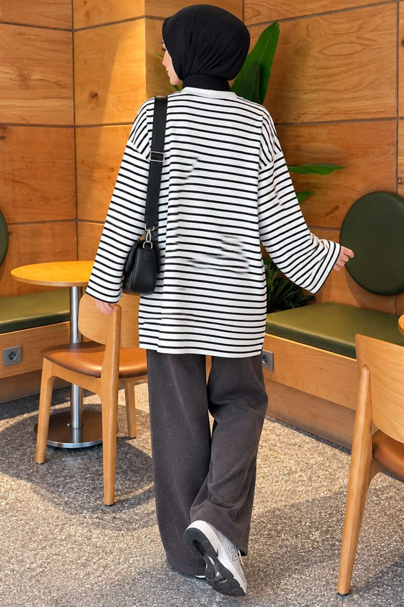 Striped Crew-Neck Tunic with Slits - Black