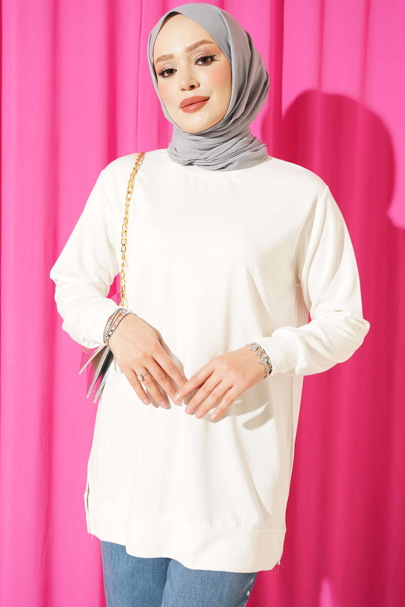 Crew-Neck Tunic with Slits - Ecru