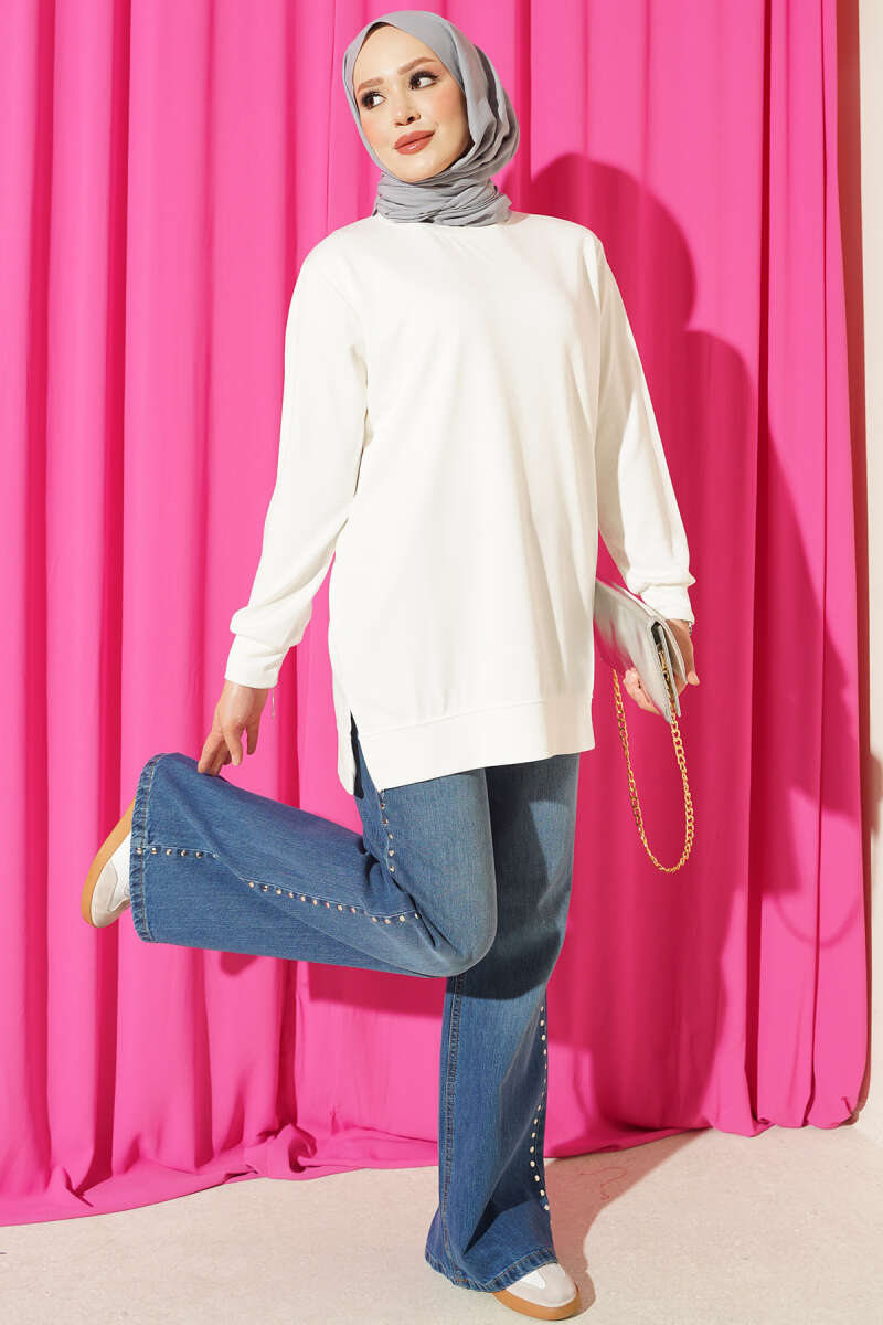 Crew-Neck Tunic with Slits - Ecru