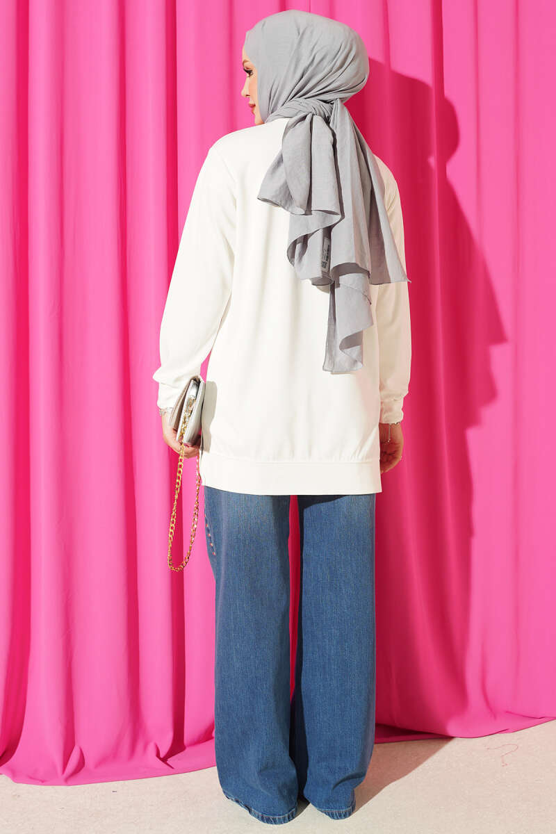 Crew-Neck Tunic with Slits - Ecru