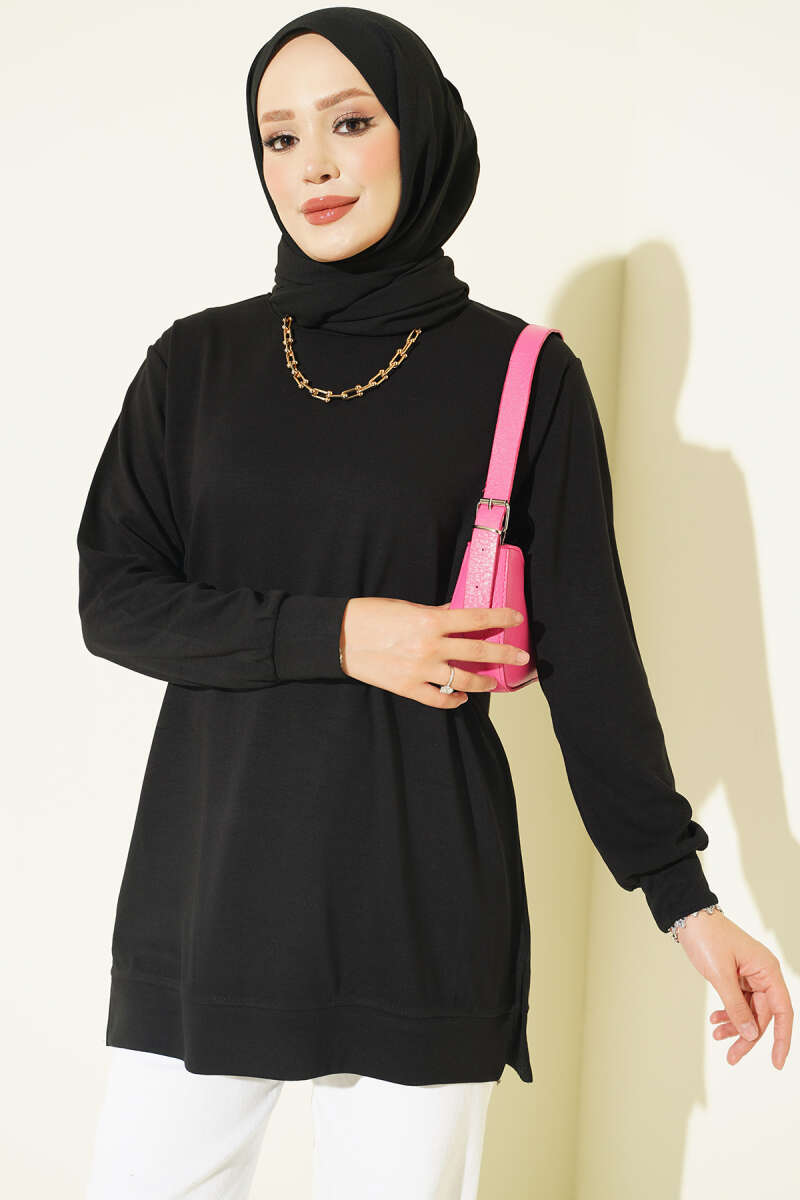 Crew-Neck Tunic with Slits - Black