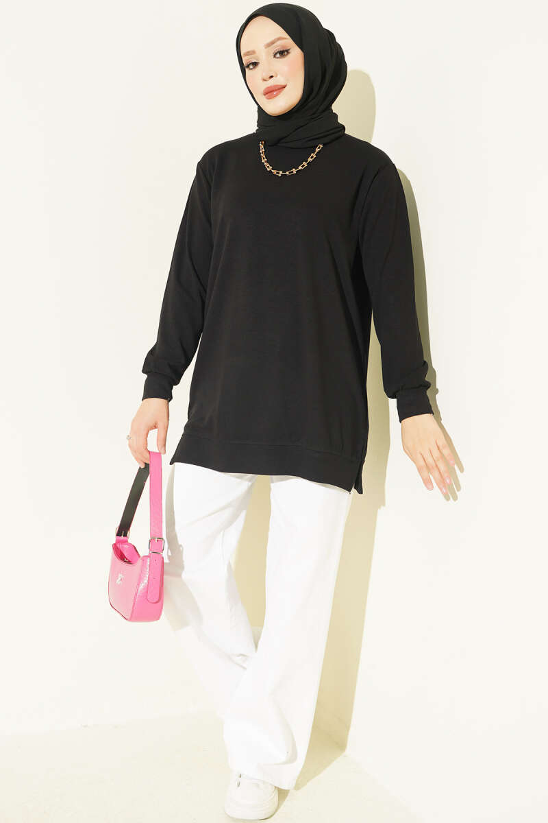 Crew-Neck Tunic with Slits - Black