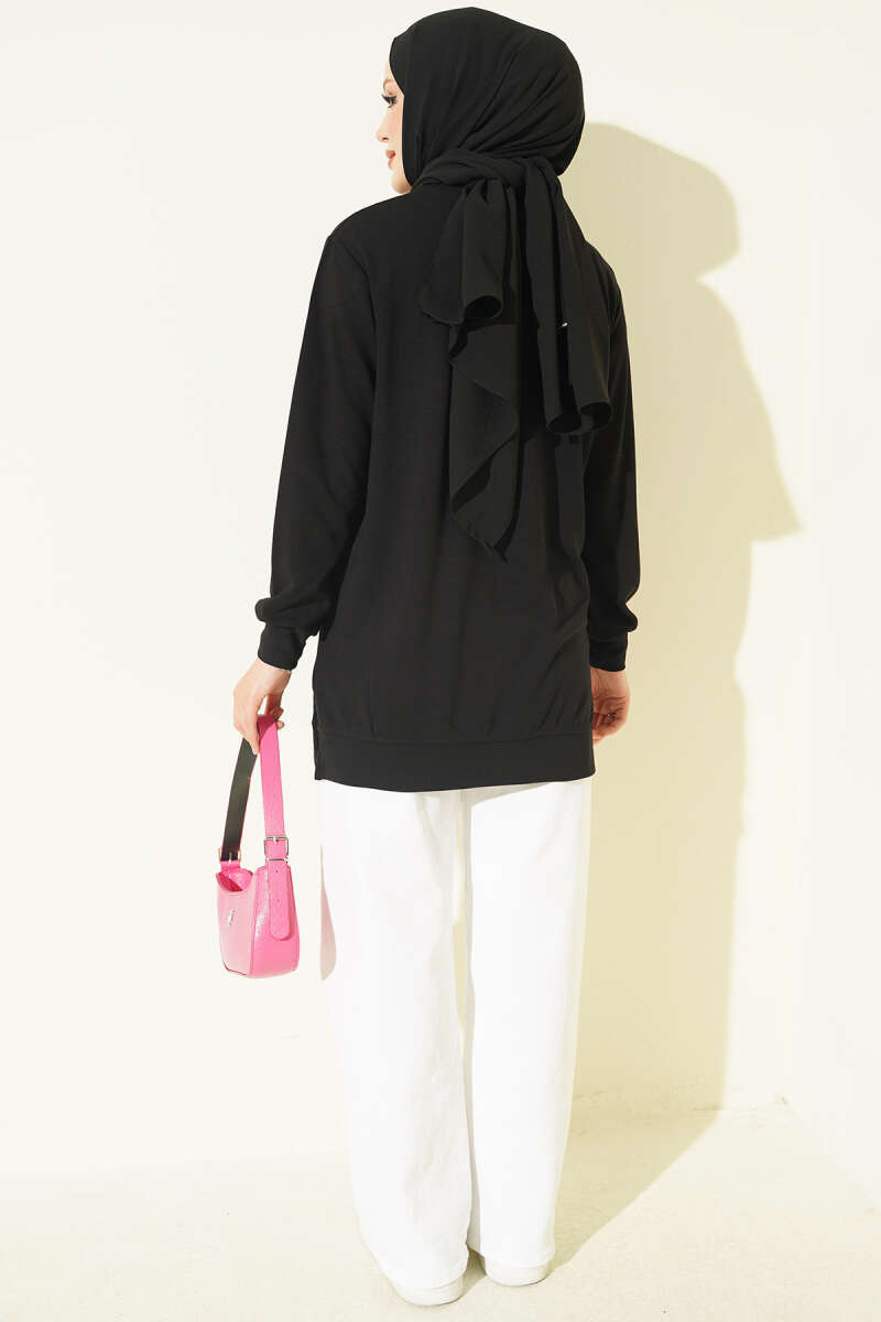 Crew-Neck Tunic with Slits - Black