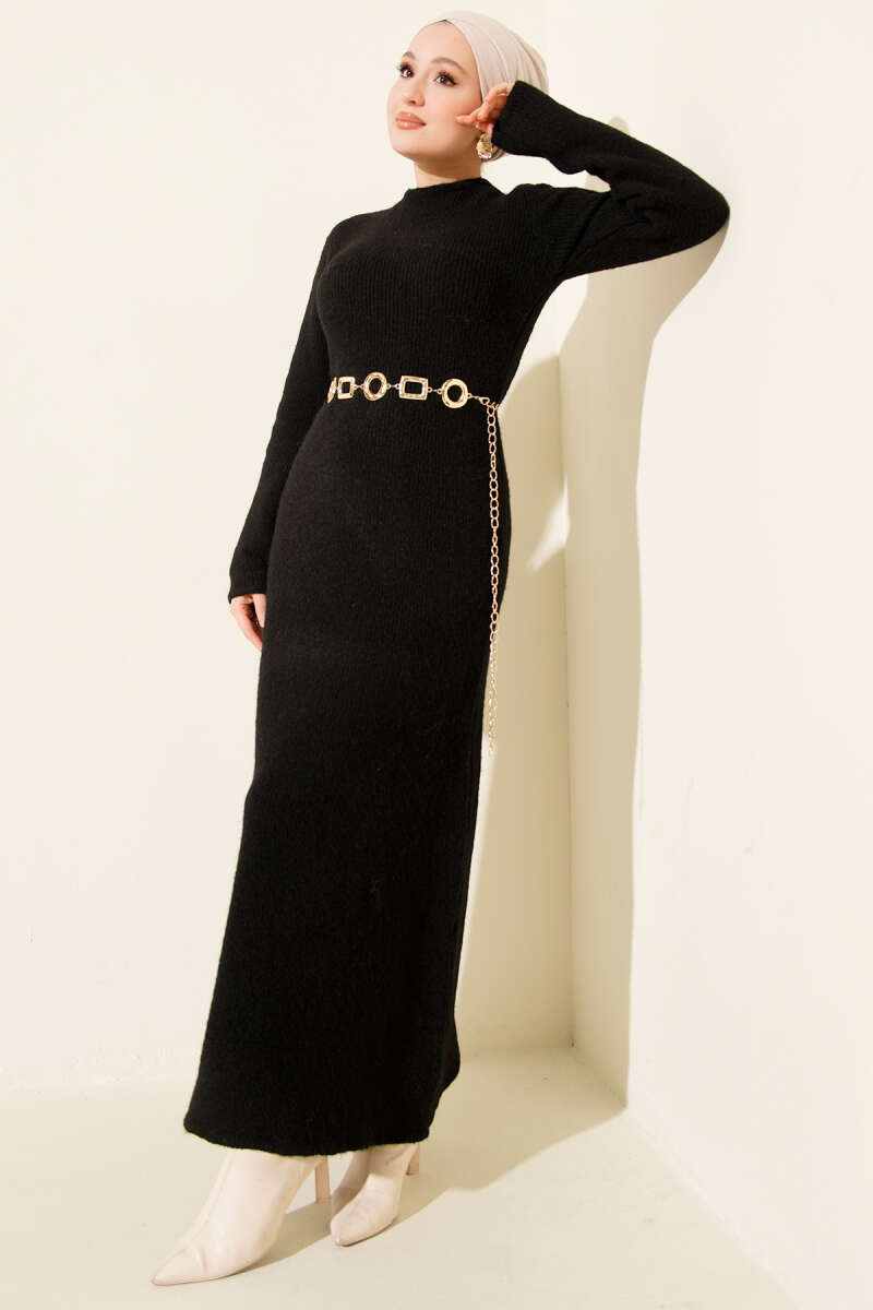 Crew-Neck Soft Knit Dress - Black