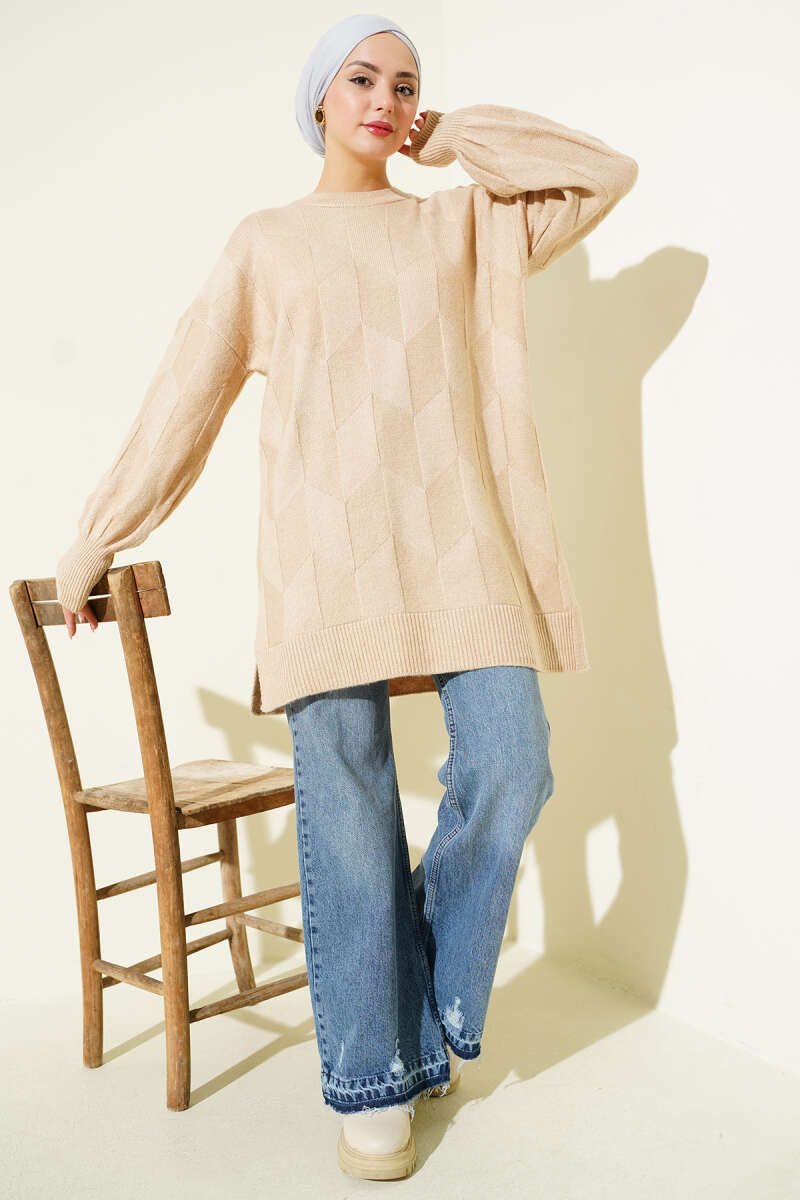Crew-Neck Soft Knit Tunic with Side Slits - Latte