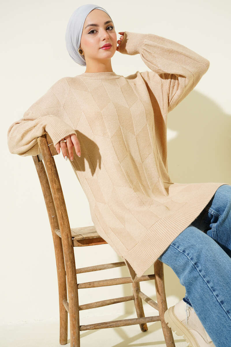 Crew-Neck Soft Knit Tunic with Side Slits - Latte