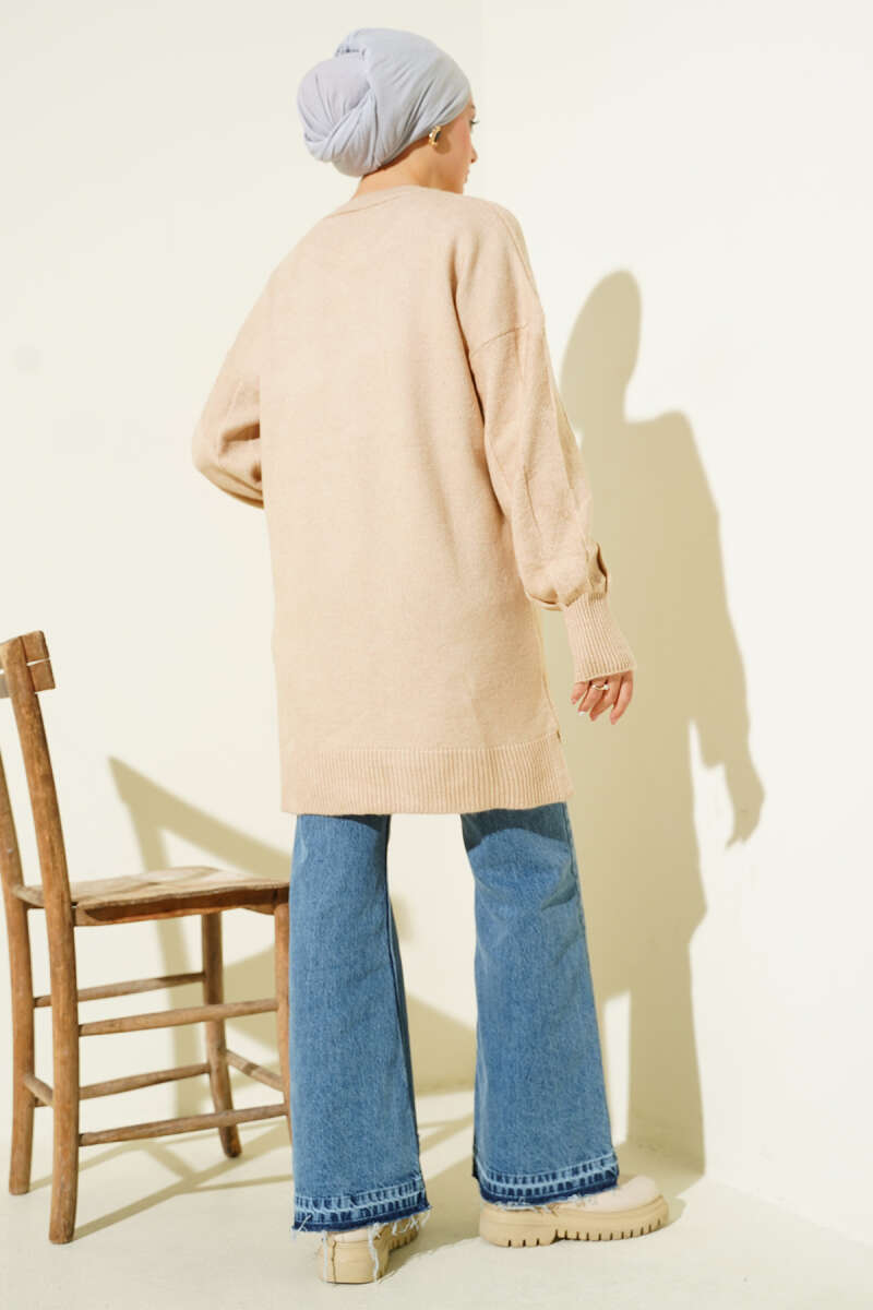 Crew-Neck Soft Knit Tunic with Side Slits - Latte