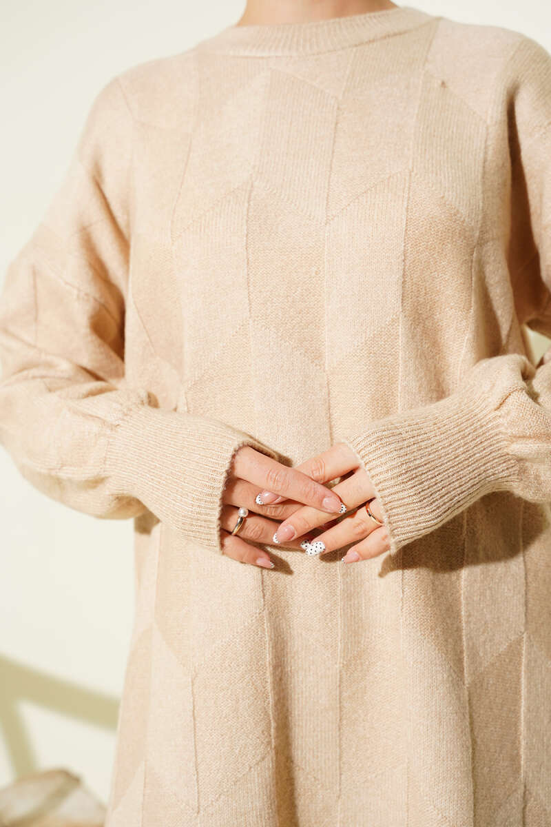 Crew-Neck Soft Knit Tunic with Side Slits - Latte