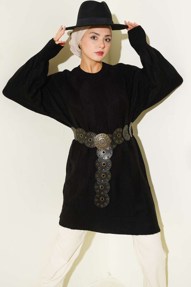 Crew-Neck Soft Knit Tunic with Side Slits - Black