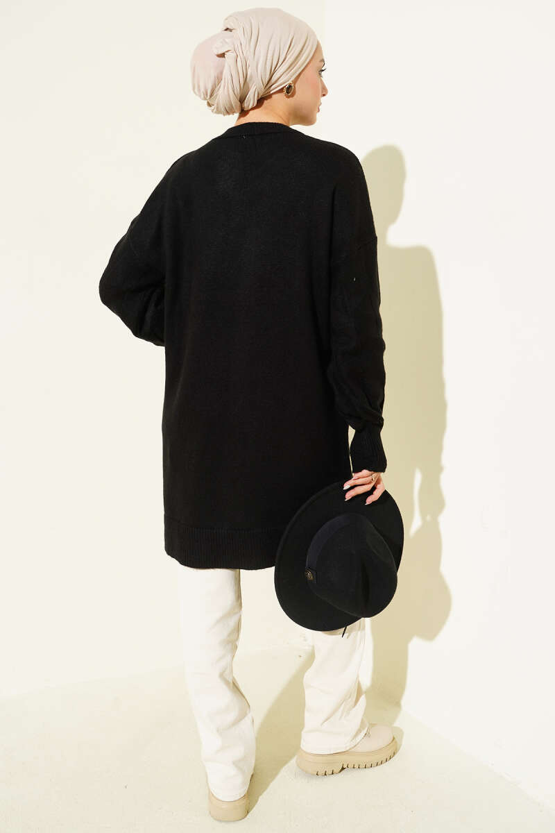 Crew-Neck Soft Knit Tunic with Side Slits - Black
