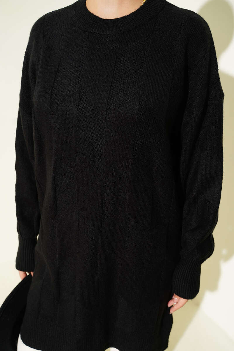Crew-Neck Soft Knit Tunic with Side Slits - Black