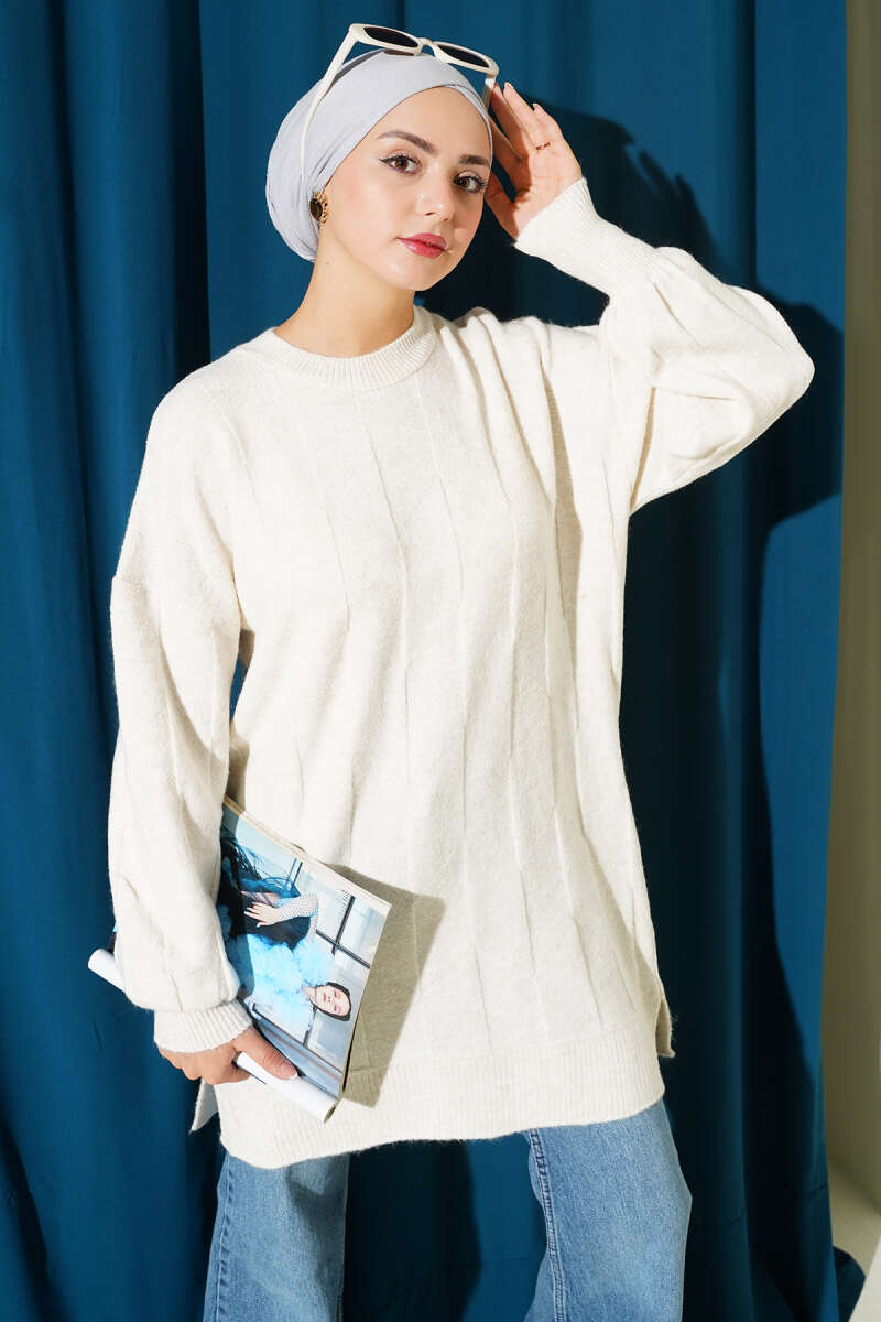 Crew-Neck Soft Knit Tunic with Side Slits - Stone