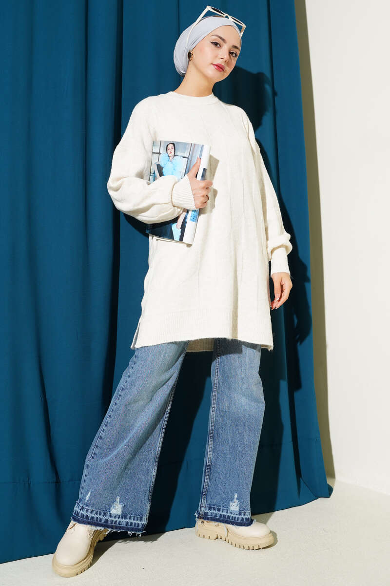 Crew-Neck Soft Knit Tunic with Side Slits - Stone