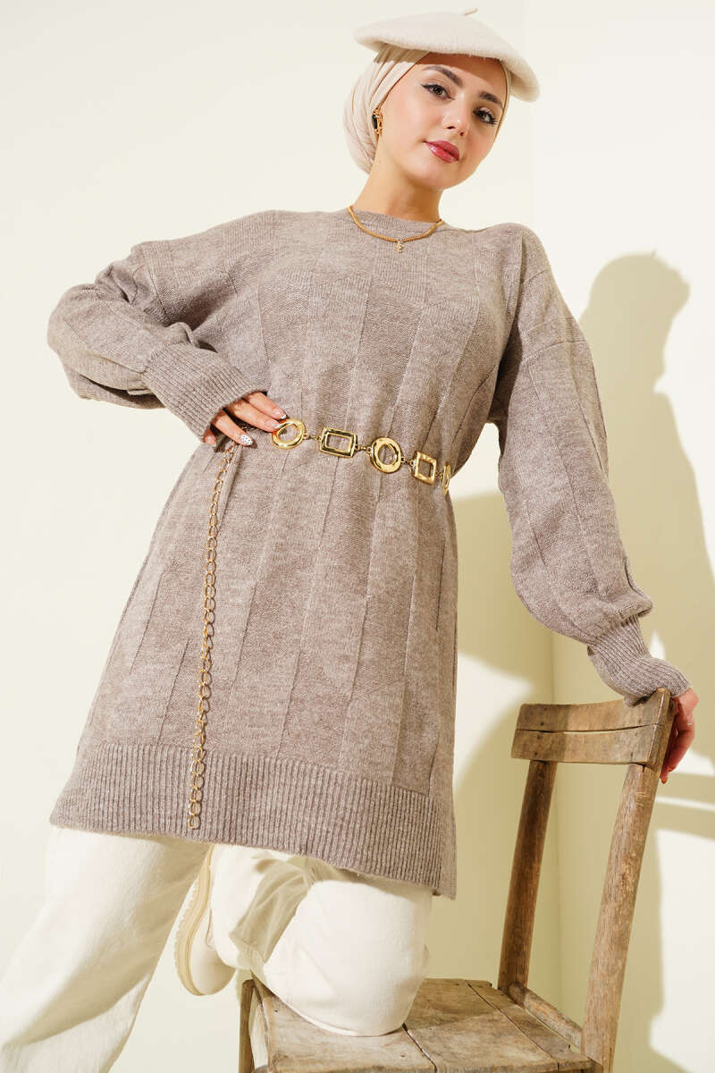 Crew-Neck Soft Knit Tunic with Side Slits - Mink