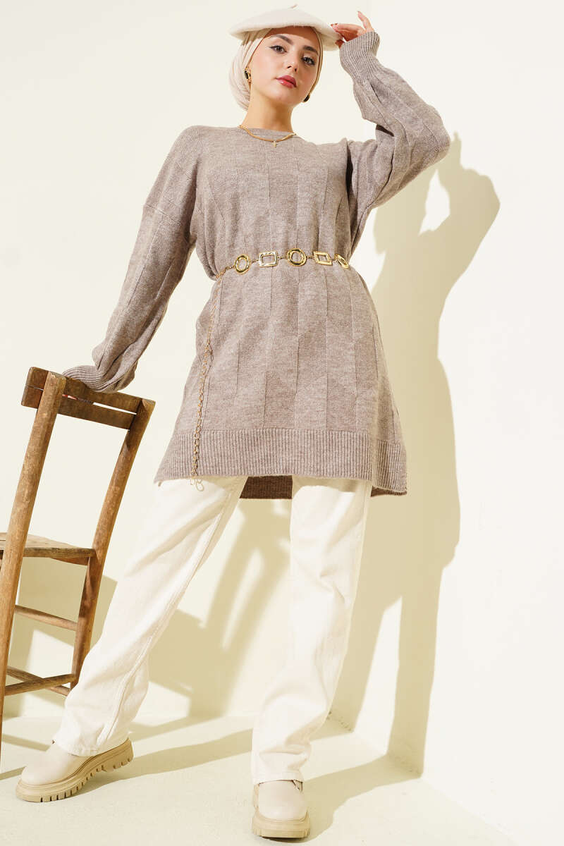 Crew-Neck Soft Knit Tunic with Side Slits - Mink