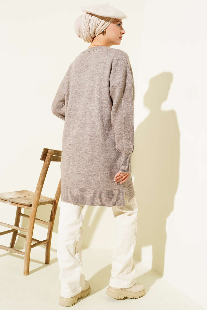 Crew-Neck Soft Knit Tunic with Side Slits - Mink