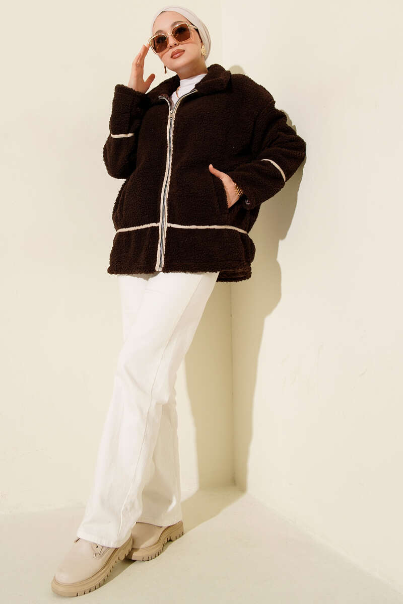 Plush Jacket with Piping - Brown