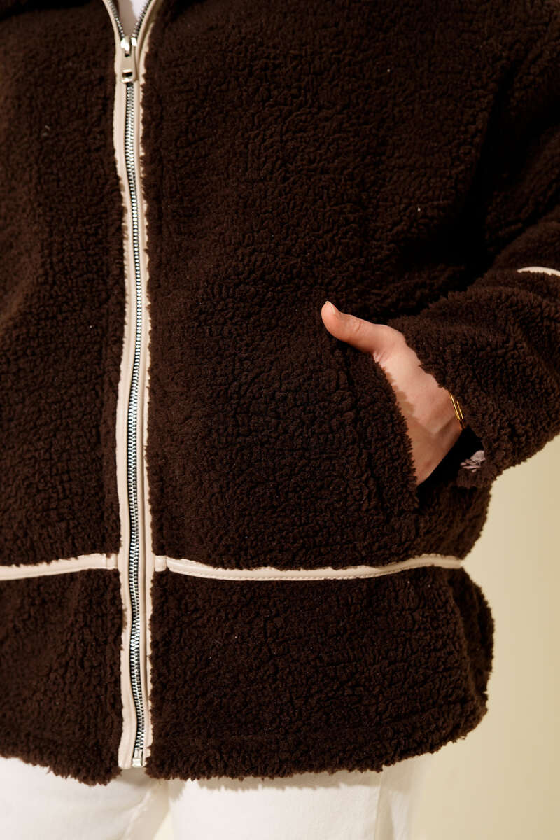 Plush Jacket with Piping - Brown