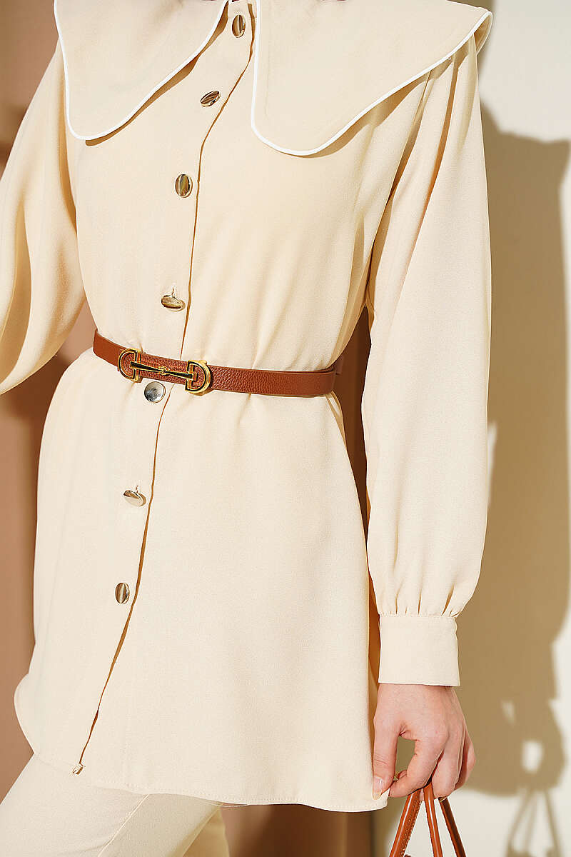 Piped Peter Pan Collar Two-Piece Set - Beige