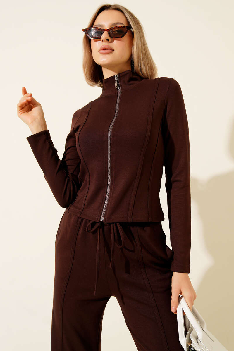 Loycha Zip Two-Piece Set with Piping - Dark Brown
