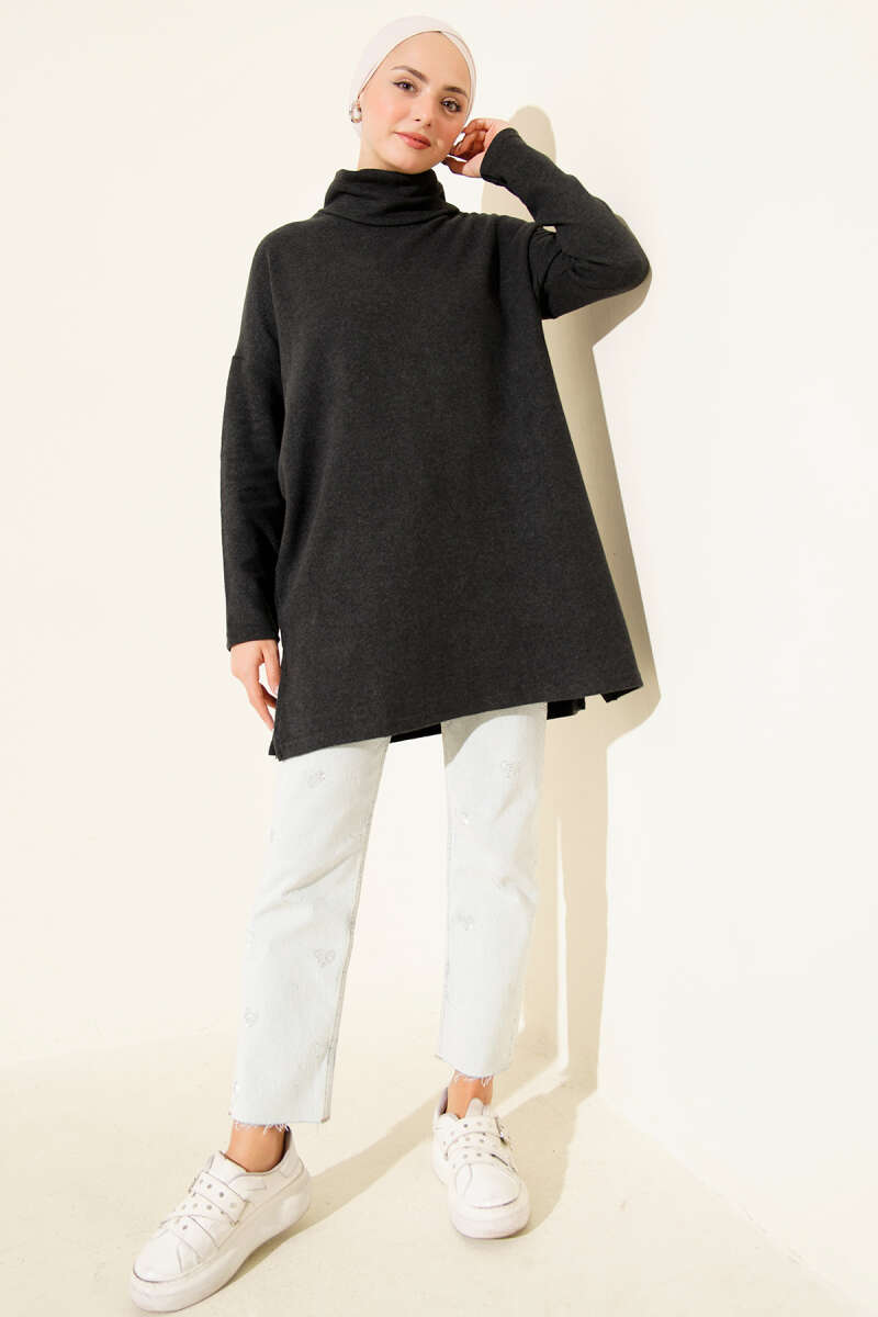Ribbed Felt Turtleneck Tunic - Charcoal
