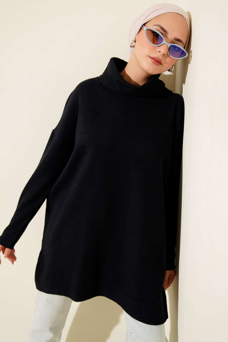 Ribbed Felt Turtleneck Tunic - Navy