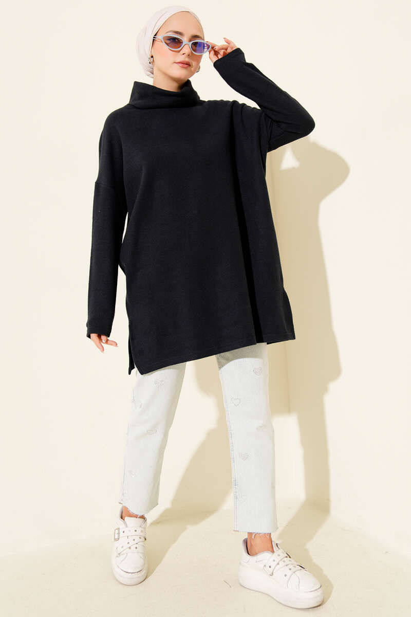 Ribbed Felt Turtleneck Tunic - Navy