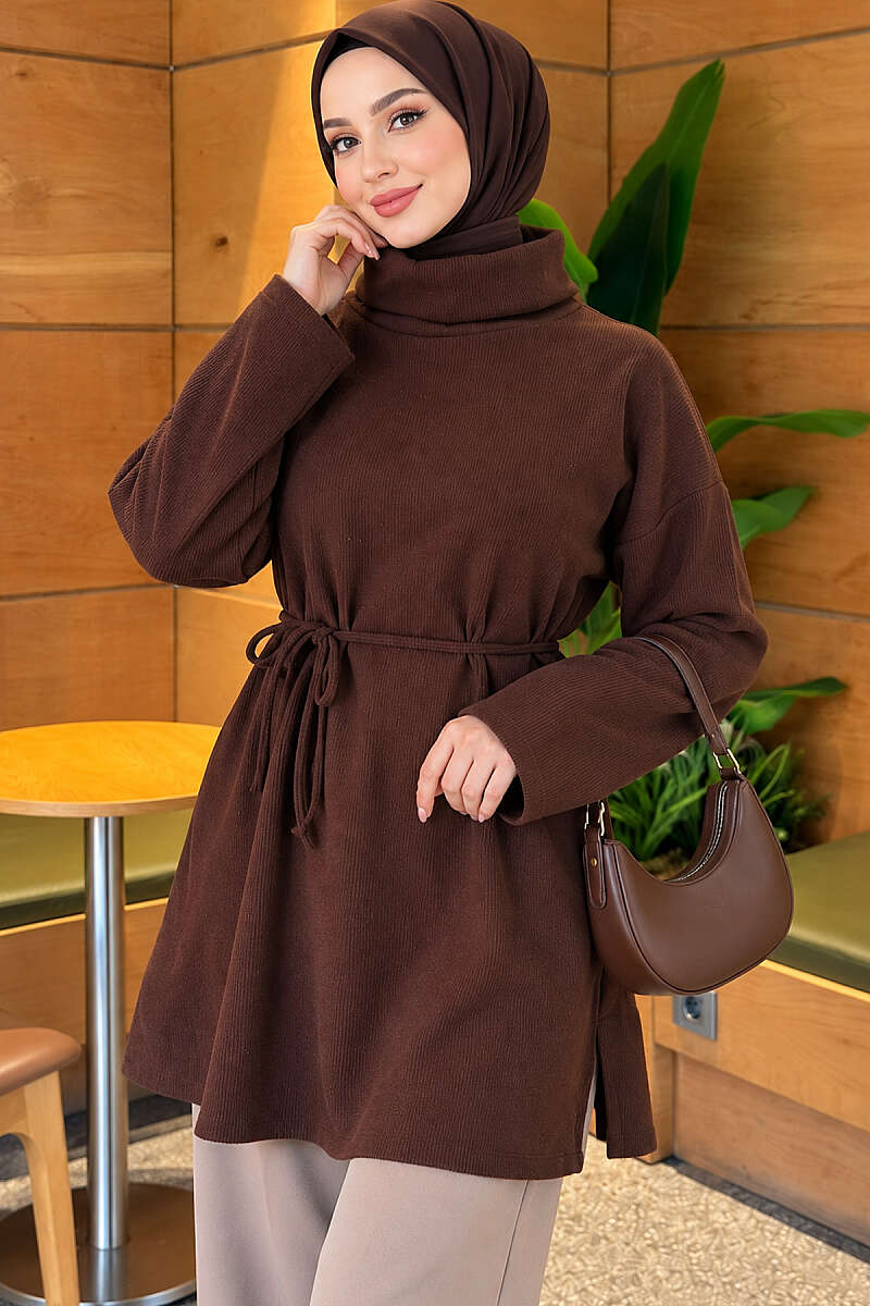 Ribbed Turtleneck Tunic - Brown