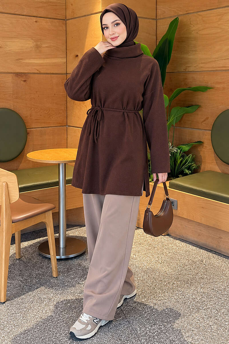 Ribbed Turtleneck Tunic - Brown