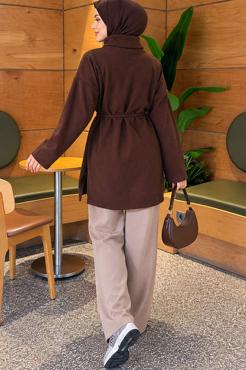 Ribbed Turtleneck Tunic - Brown