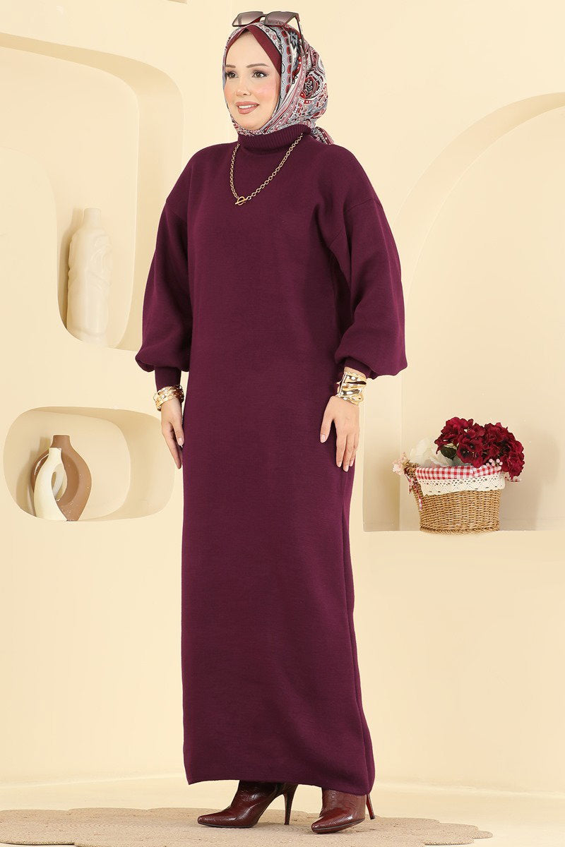 Long Turtleneck Knit Dress - Burgundy