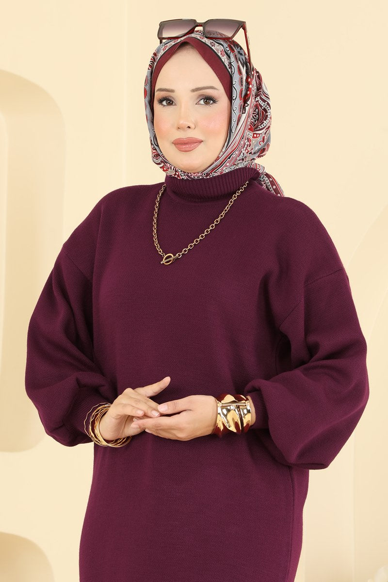 Long Turtleneck Knit Dress - Burgundy
