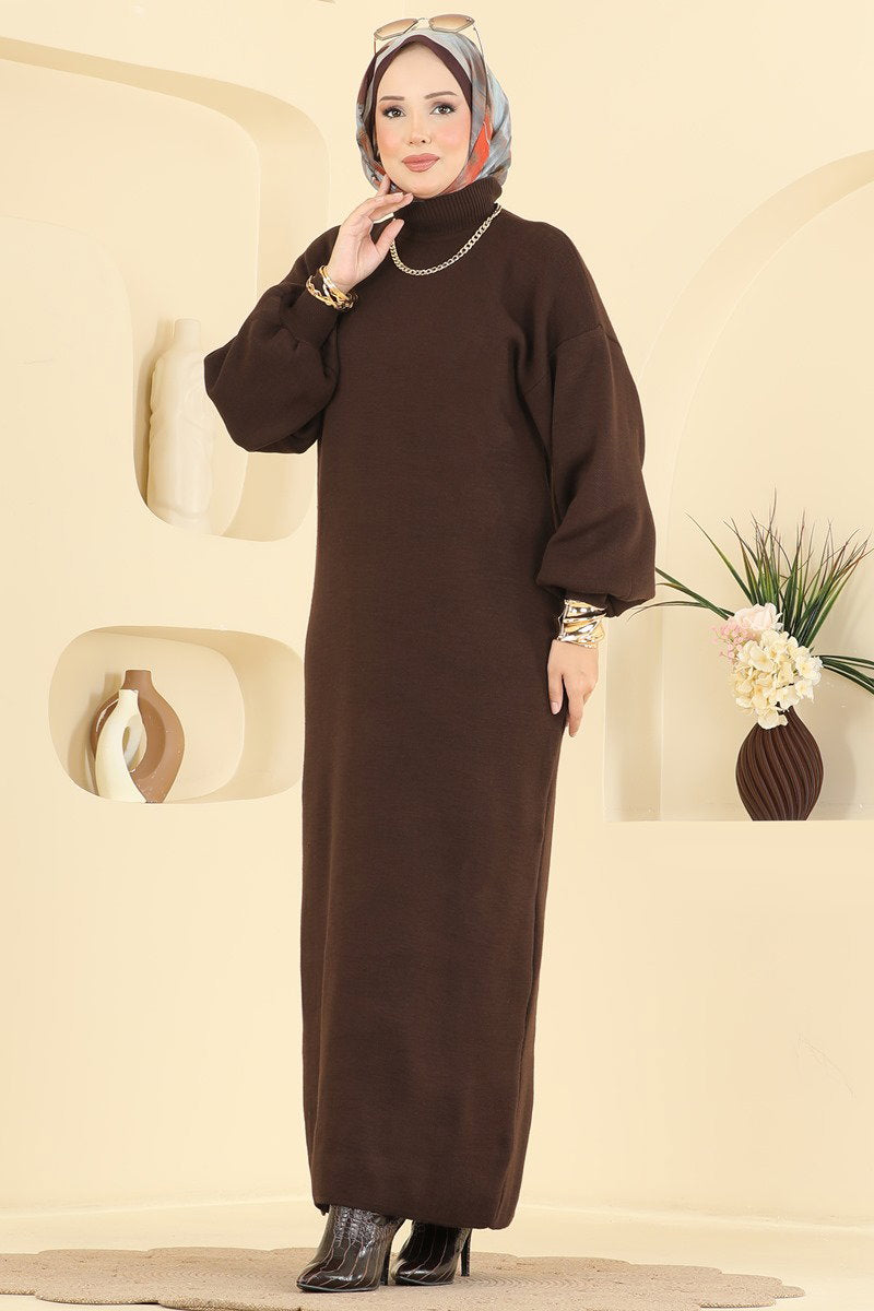 Long Turtleneck Knit Dress - Brown