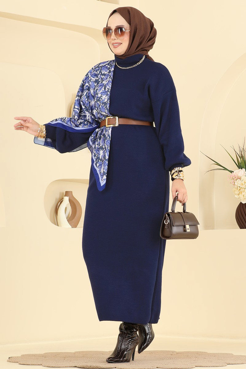 Long Turtleneck Knit Dress - Navy
