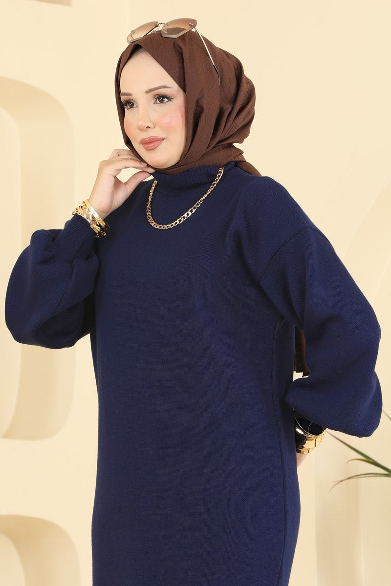 Long Turtleneck Knit Dress - Navy